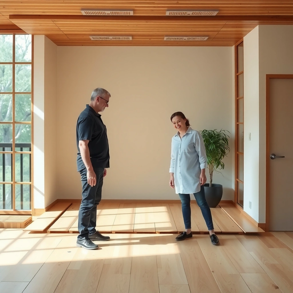 Person walk-testing bamboo floors to locate squeaks and map the sound sources.