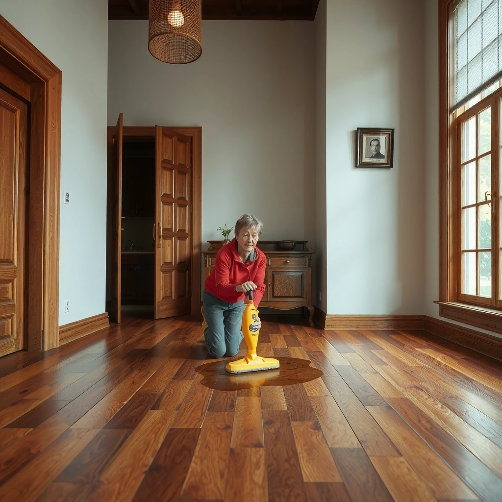A close-up view of different stain types on hardwood floors to help identify them for safe cleaning.
