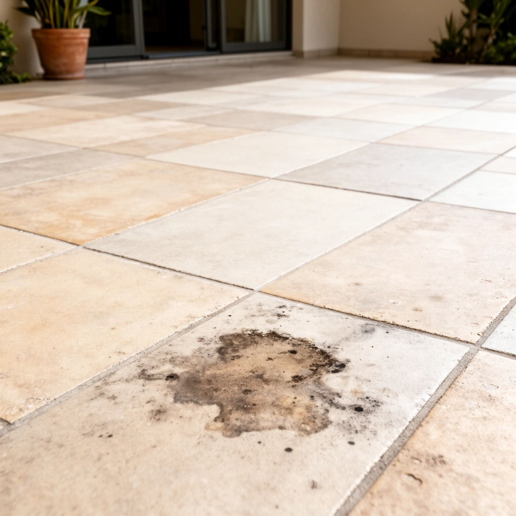 A close-up of different stains on a patio floor, illustrating how to identify stain types before cleaning.