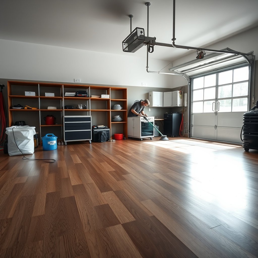 Different types of stains on laminate garage floors for identification.