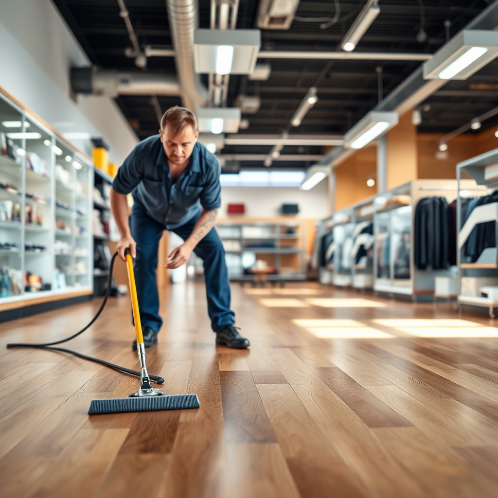 Different types of stains on hardwood floors to identify before treatment in a retail store.