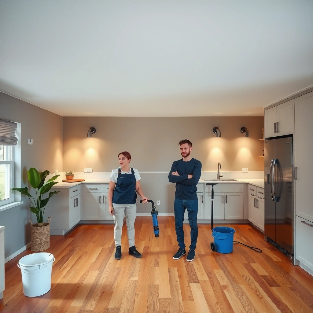 Different types of stains on hardwood floors in a kitchen for cleaning identification.