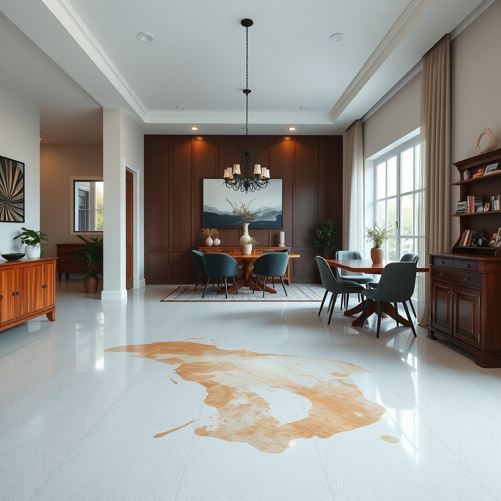Person identifying different types of stains on vinyl floors in a dining room