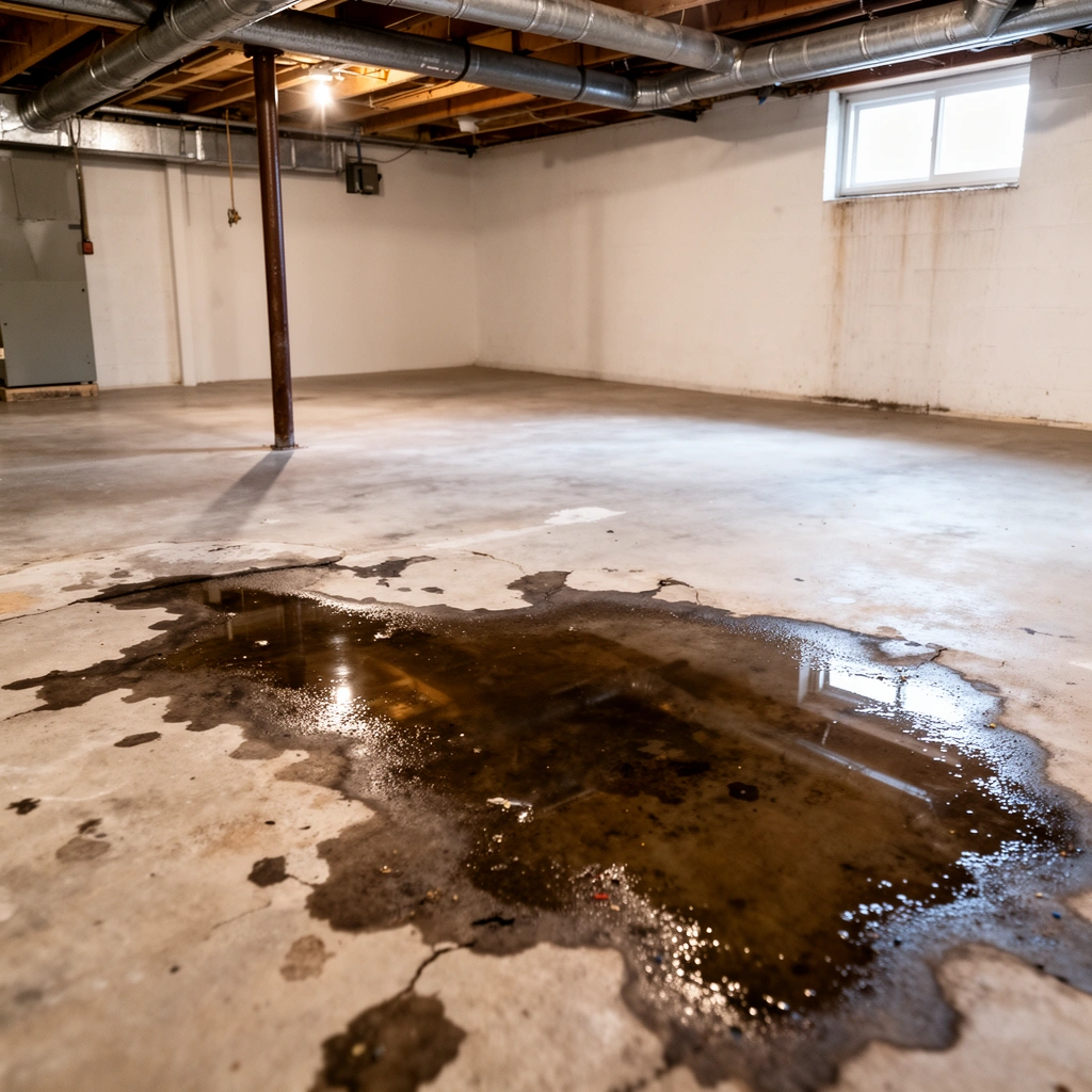 A person inspecting a basement floor for water damage and identifying the source of the leak.
