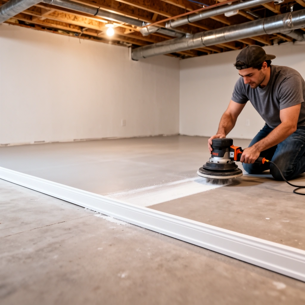 Different types of basement floor materials including concrete, wood, and tile for trimming