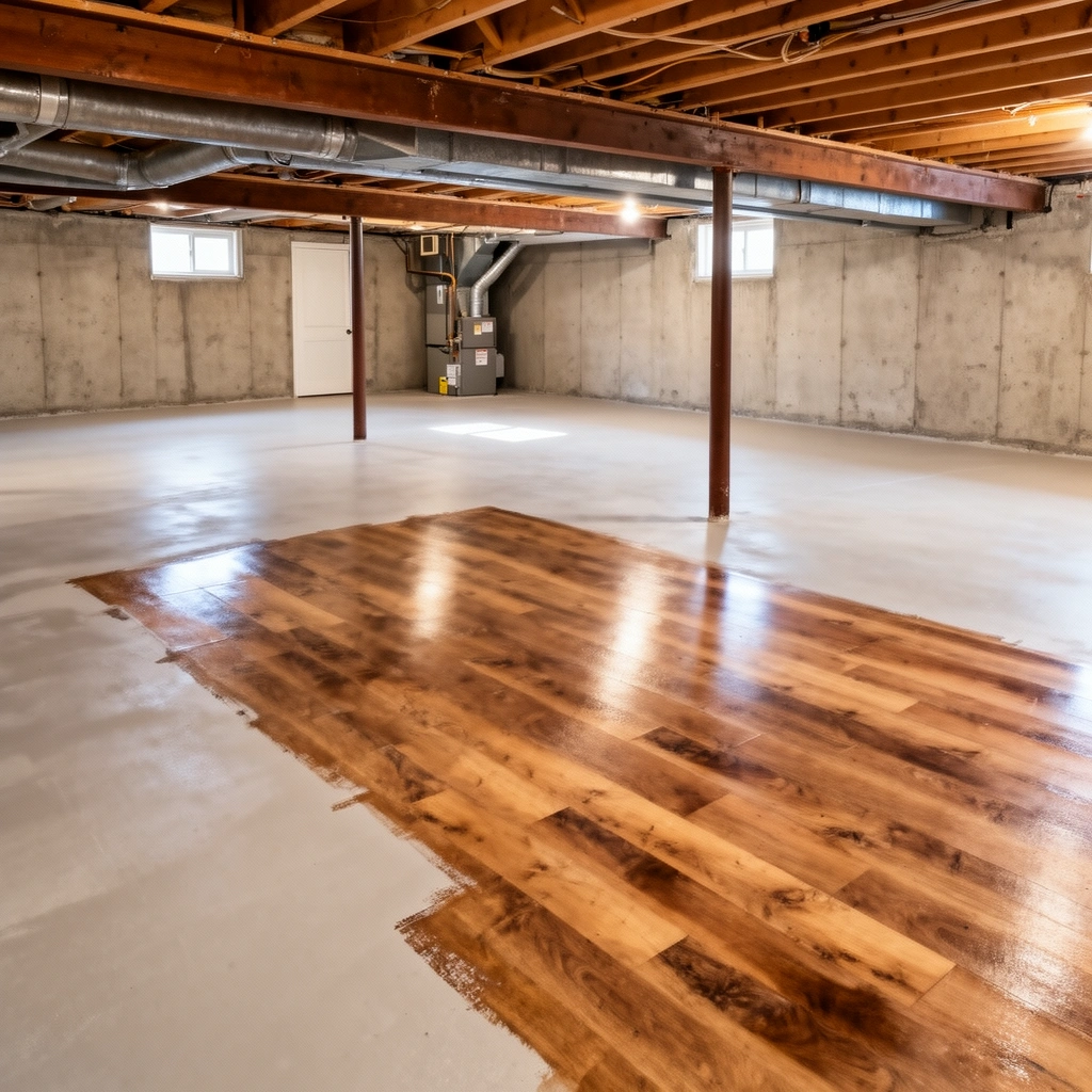 A visual guide to different types of basement floors for refinishing preparation.