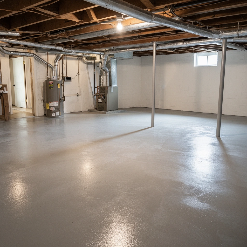 A variety of basement floor types including concrete, tile, and wood for deep cleaning.