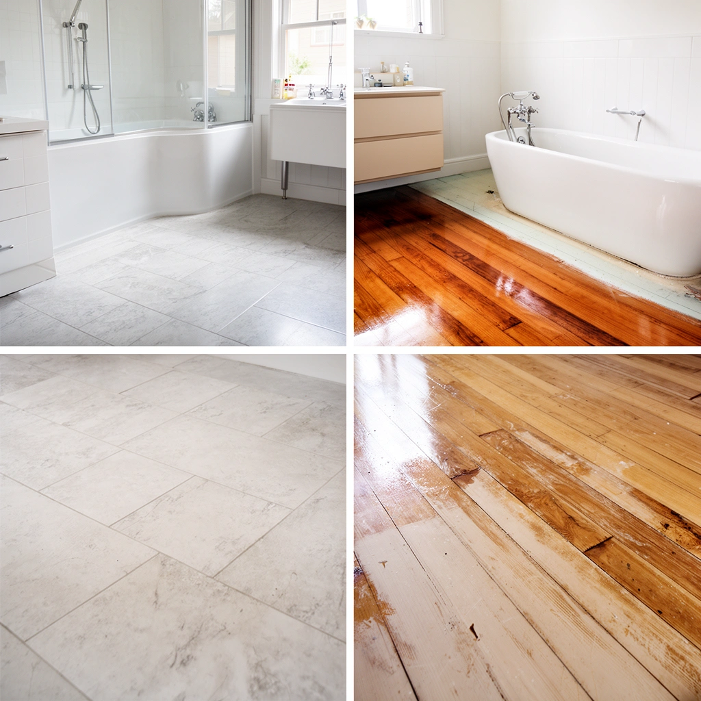 Image showing different types of bathroom flooring for refinishing identification.