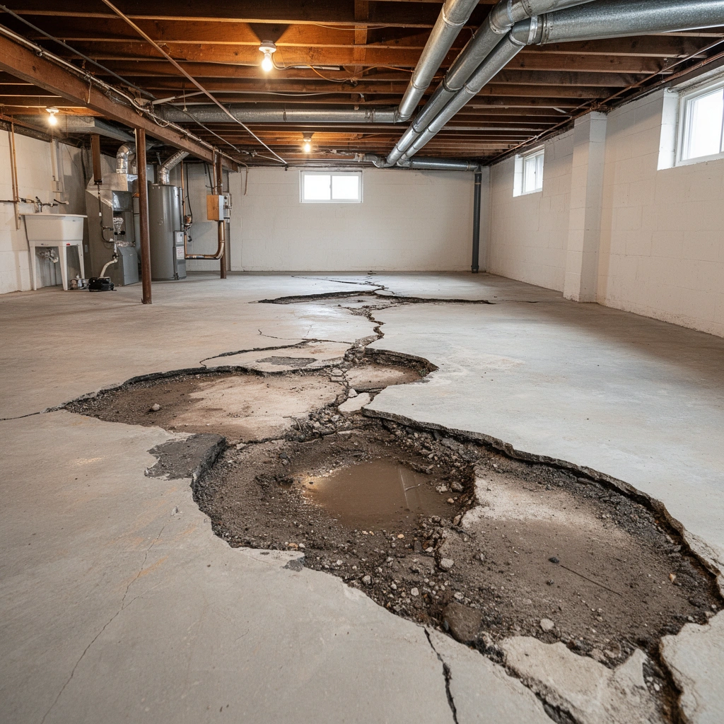 Image showing different types of basement floor lifting for repair assessment.