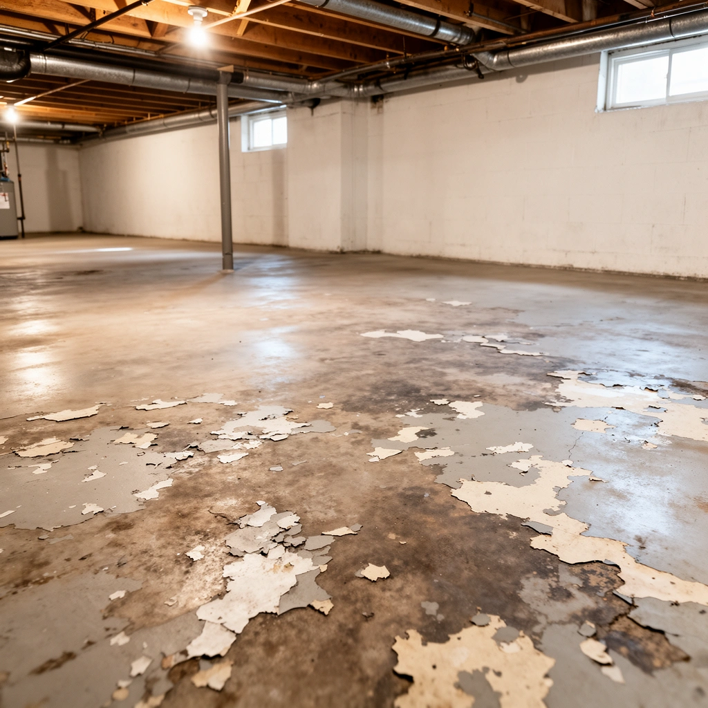 Check for moisture, surface contamination, or incorrect coating causing peeling on basement floors