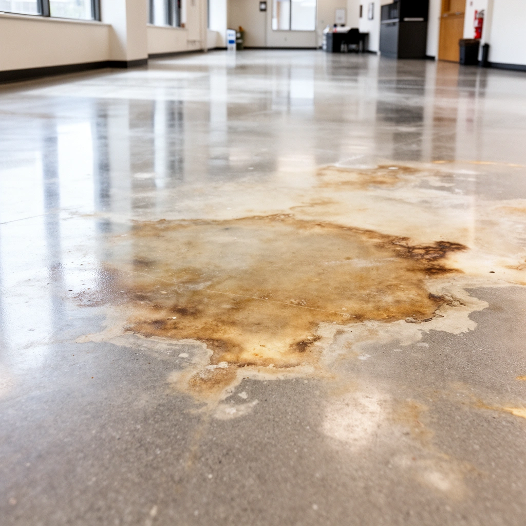A close-up view of commercial floor discoloration, highlighting the importance of identifying its source.