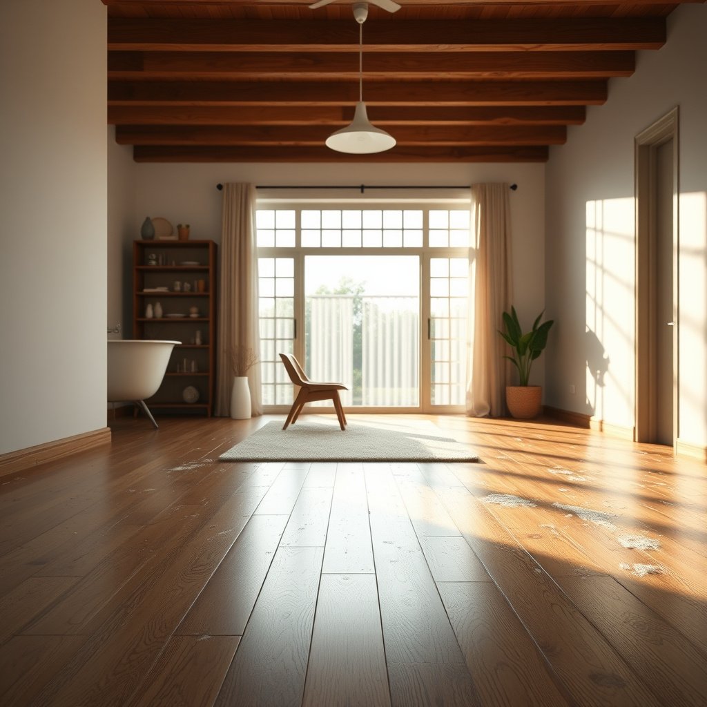 Close-up of hardwood floor showing dried soap residue and finish condition for cleaning guidance