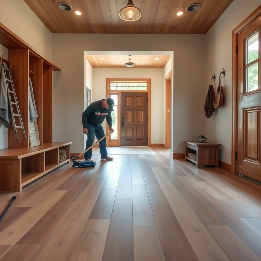 Close-up of engineered wood floor showing installation type for safe removal in mudroom