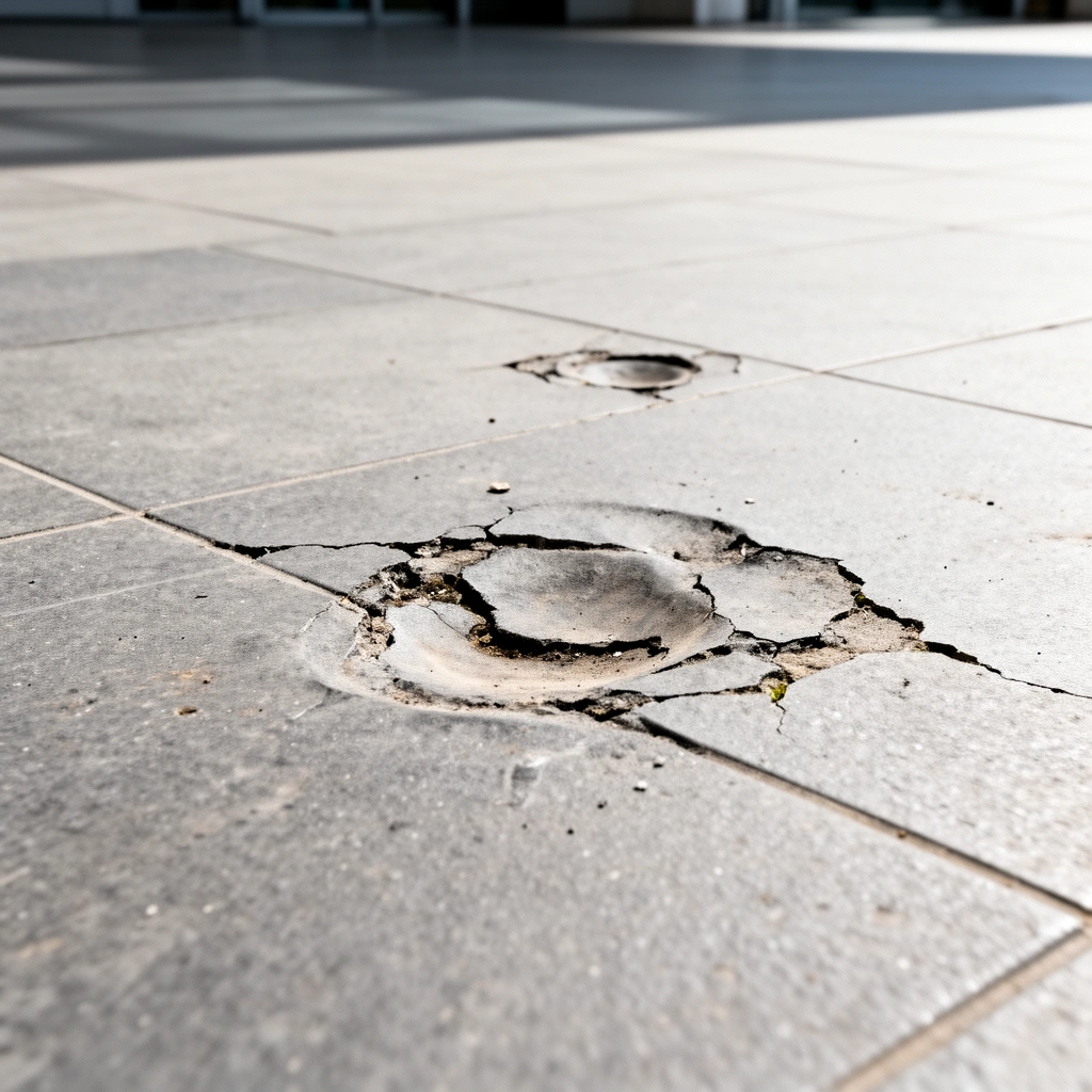 A close-up of various outdoor floor materials with a ruler measuring dent depth for repair guidance.