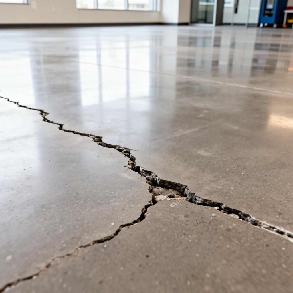 A person examining a gap in a commercial floor to determine the cause.