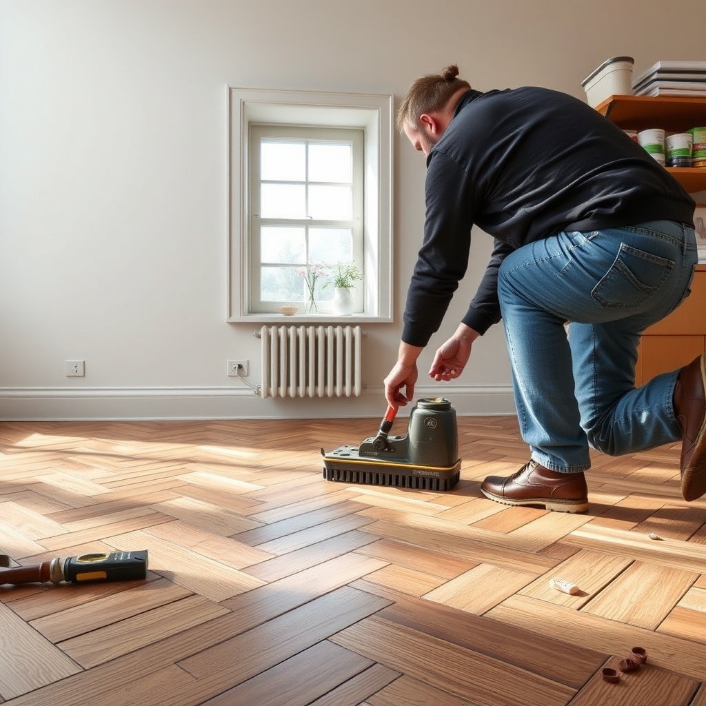 Close-up of a lifting herringbone floor showing the damage and potential causes.