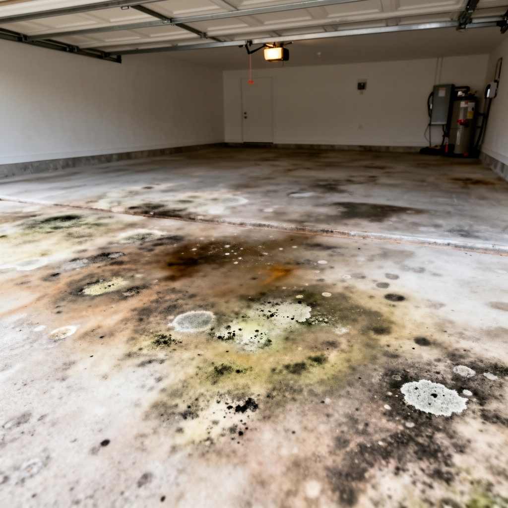 Diagram showing moisture sources under and around garage floor slab to prevent mold growth
