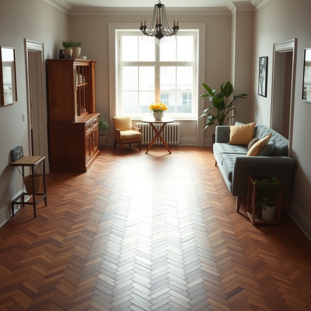 A person inspecting herringbone floors to find the source of unpleasant odors.