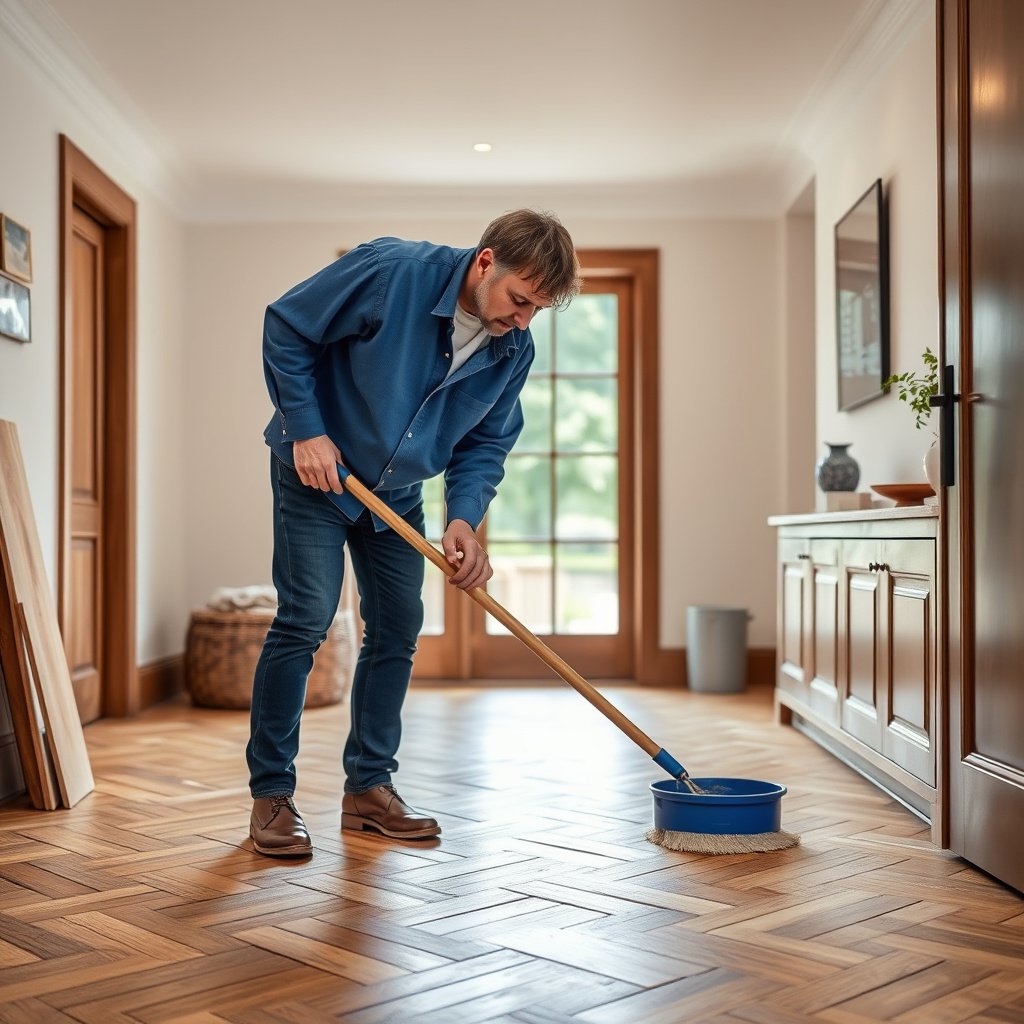 A close-up view of herringbone wood floors showing different paint types and existing finishes for identification.