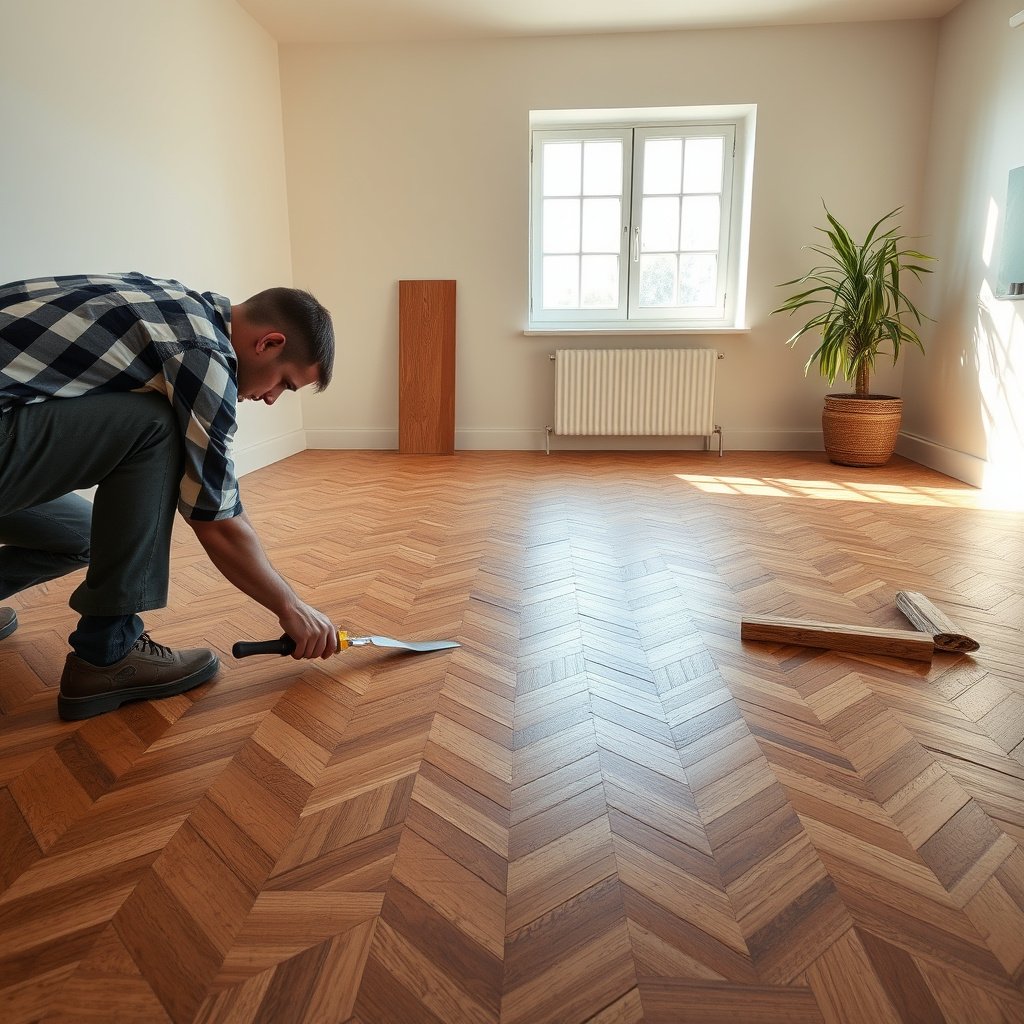 Close-up of parquet floor showing different types of cracks and movement in boards for repair assessment.