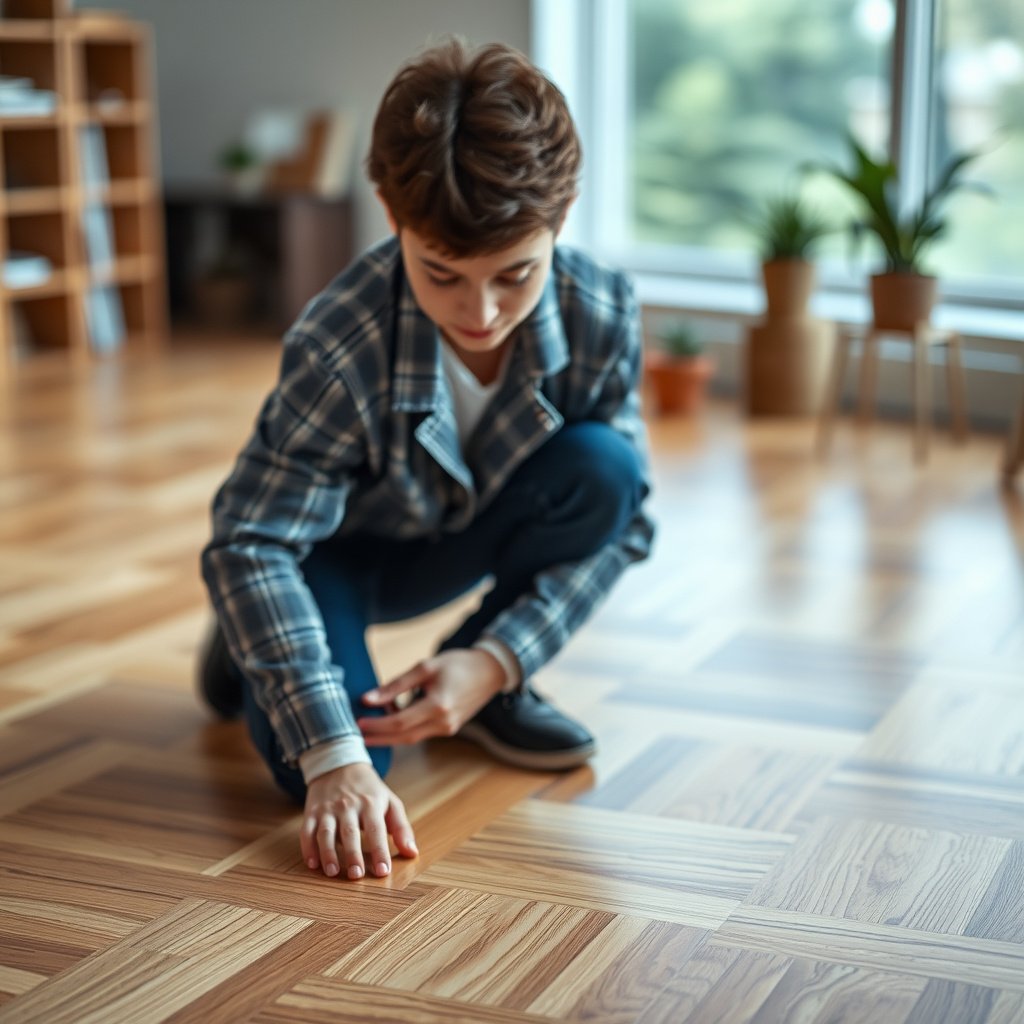 Image showing different types of discoloration on parquet floors for identification.