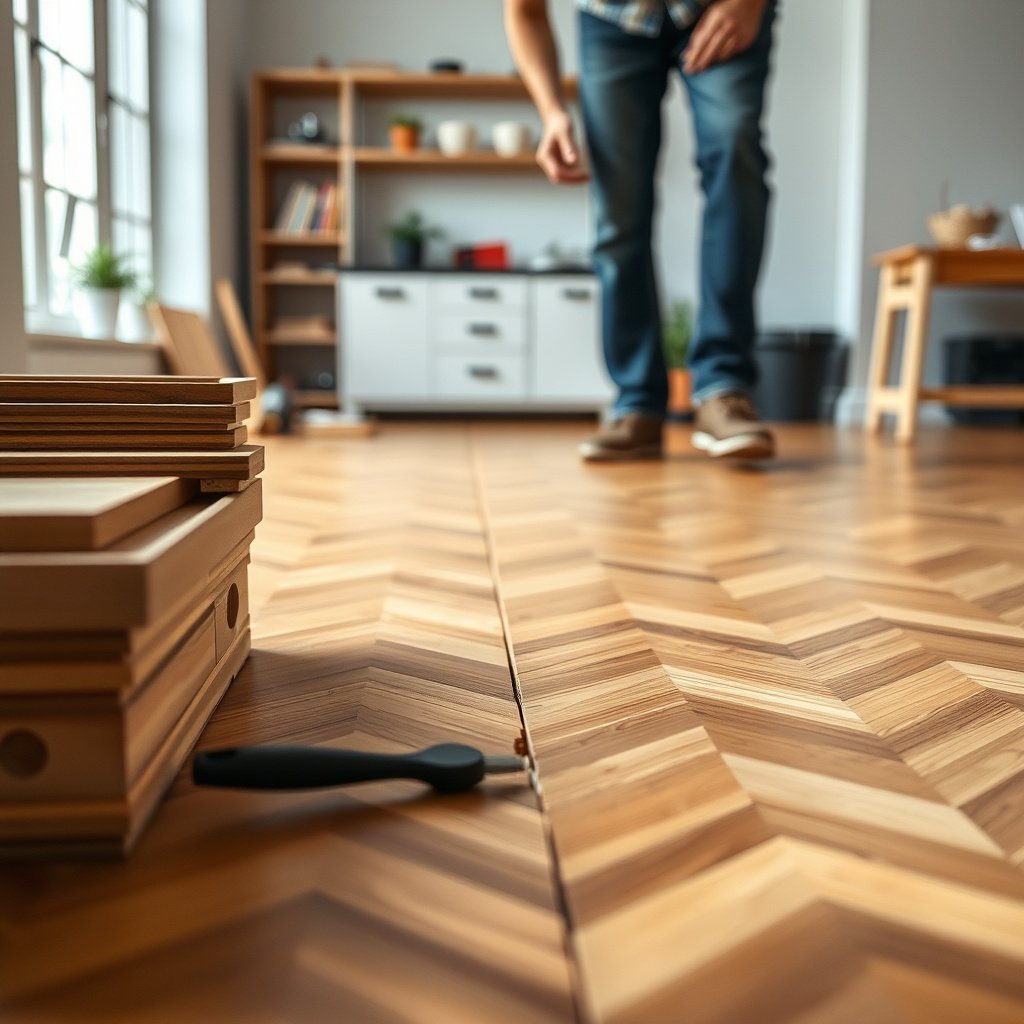 A close-up view of different types of gaps in parquet flooring for repair identification.