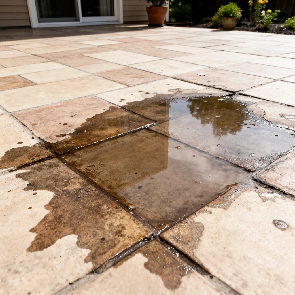 Close-up of different patio flooring types and visible water damage for identification.
