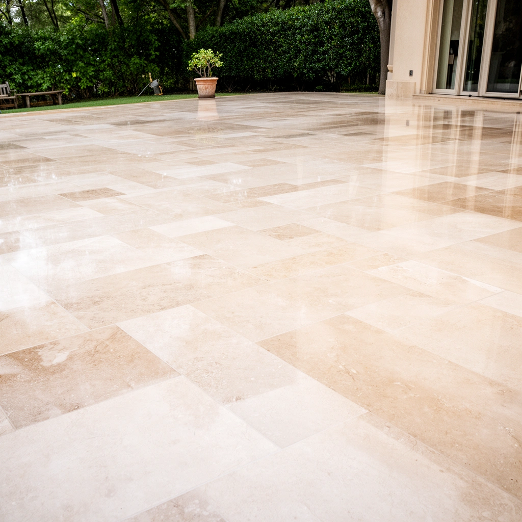 Various patio surfaces including concrete, stone, and tile for refinishing guidance.