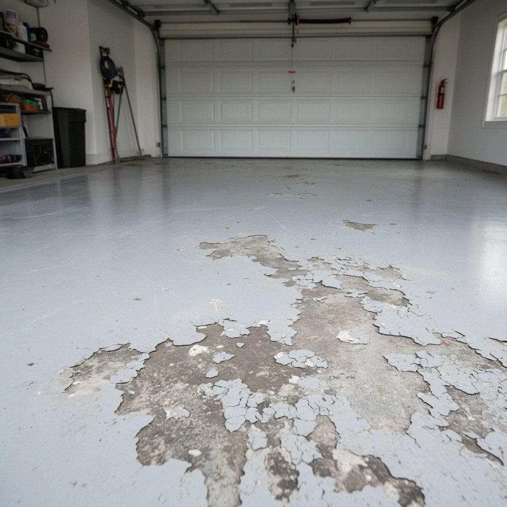 Image showing the causes of peeling on garage floors, including moisture and improper sealing.