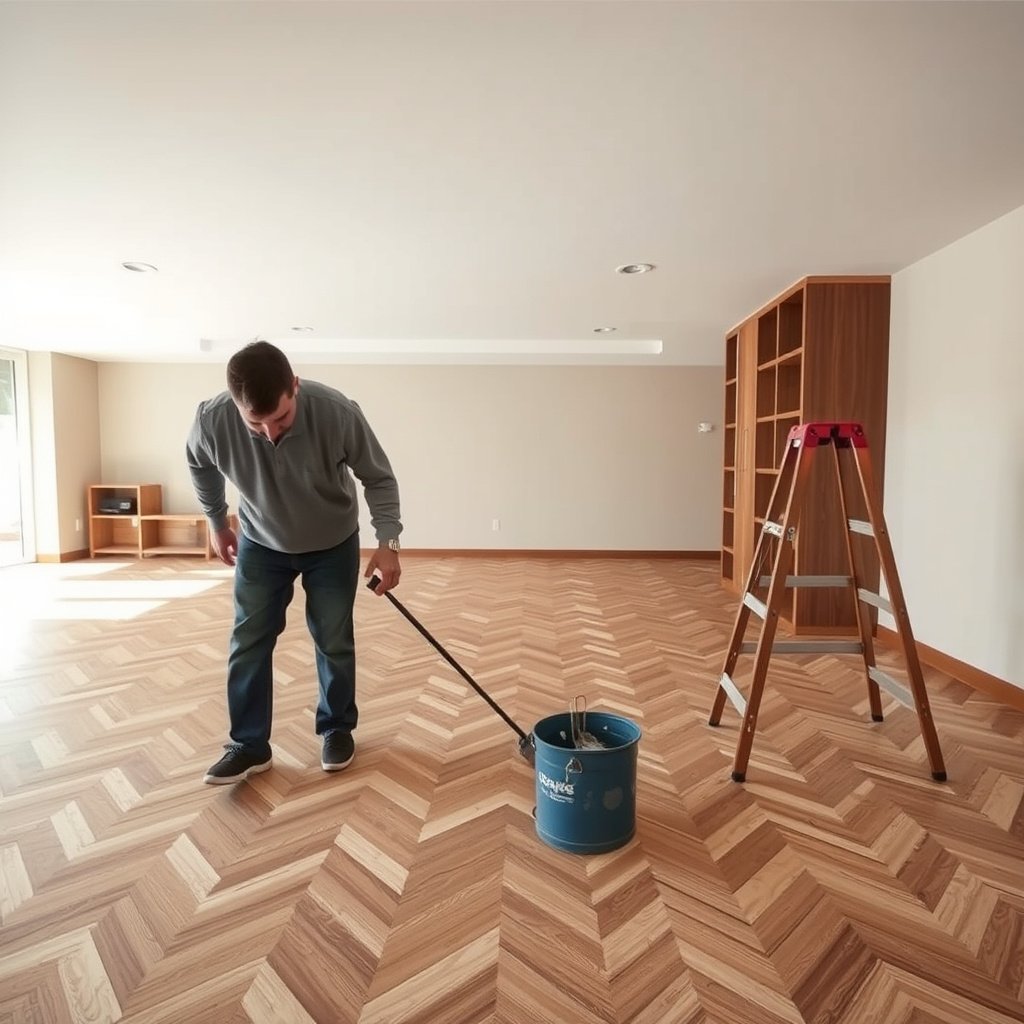 Image showing different types of peeling on chevron floors: finish, veneer, and lifted planks.