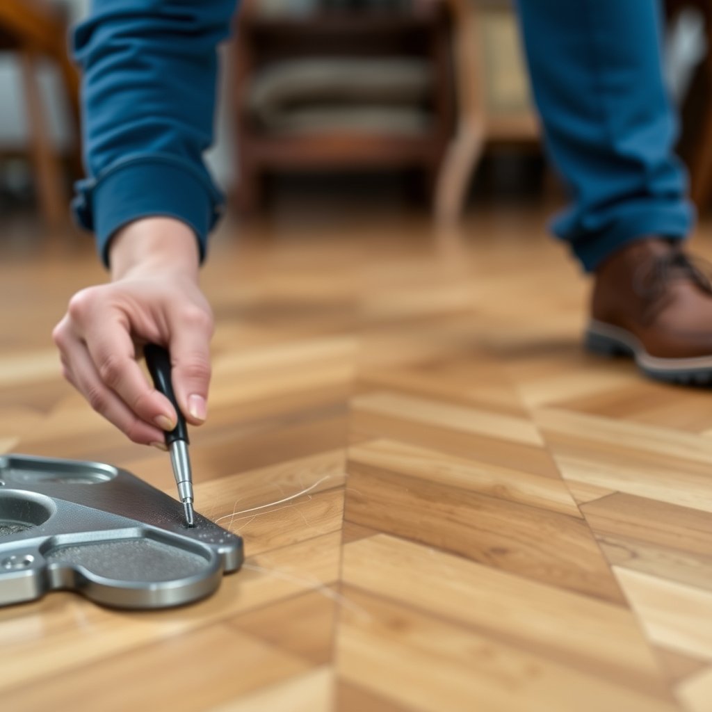 A close-up of herringbone floor showing different scratch depths and types of finishes.