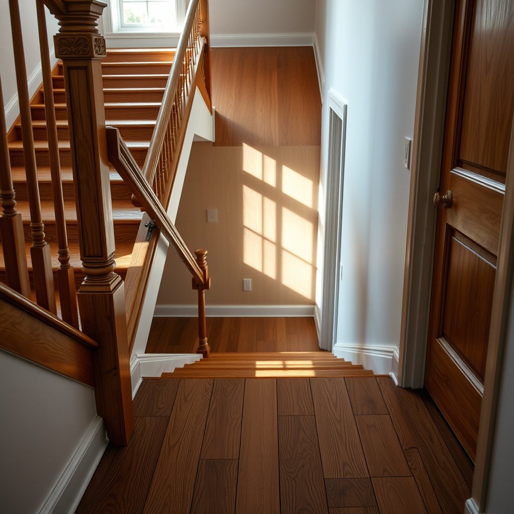 Close-up of hardwood staircase showing scratch sources on treads, edges, and landings.