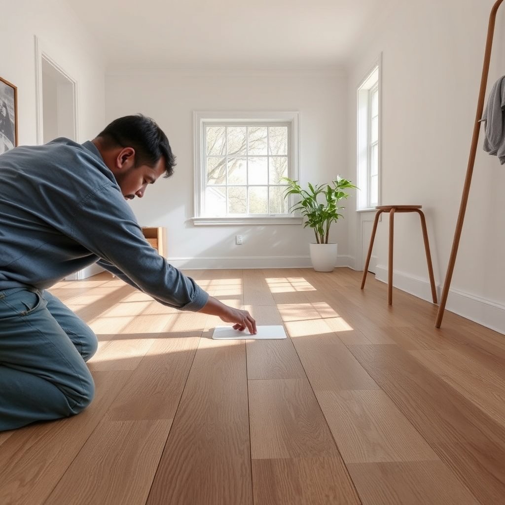 A person examining wood-look tile floors to determine areas that need sealing.