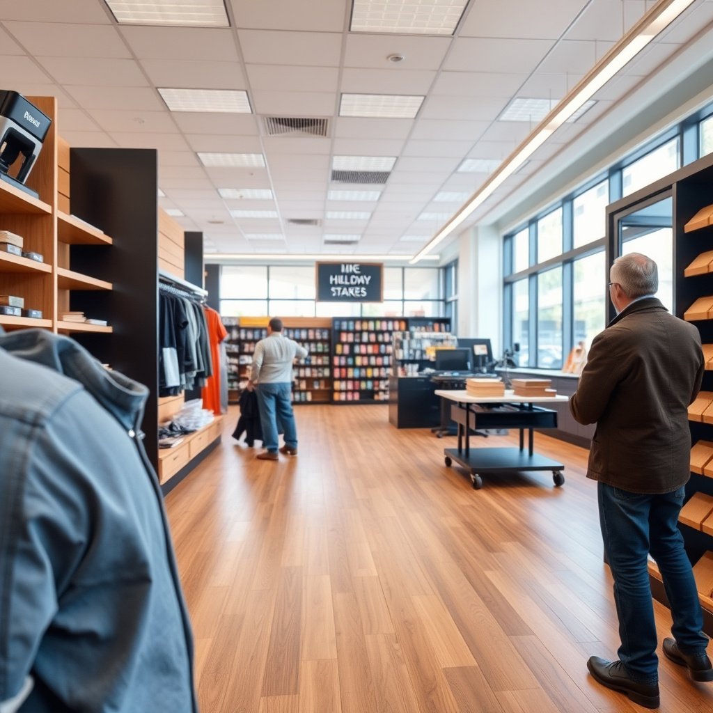 Image showing common slip and trip hazards in hardwood floors of a retail store.