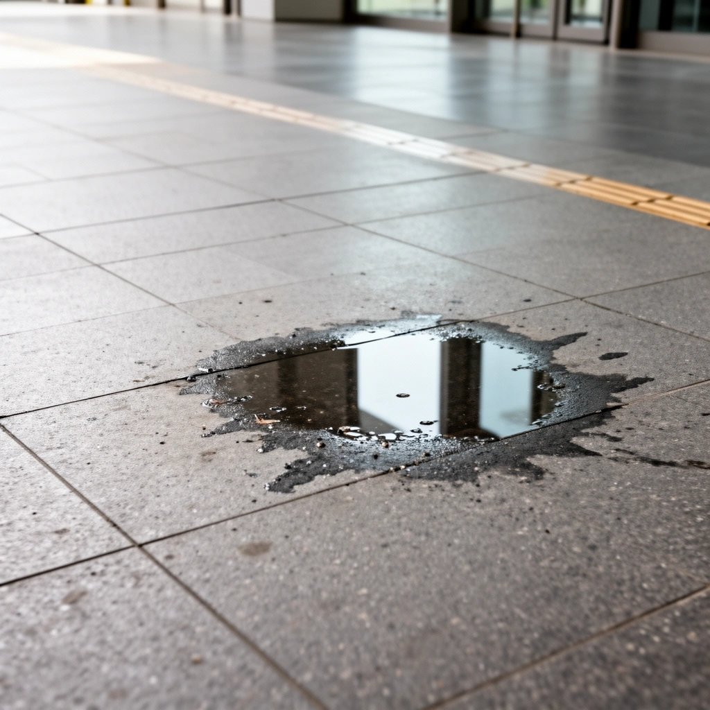 A close-up of a slippery outdoor floor, highlighting potential causes for slipping hazards.