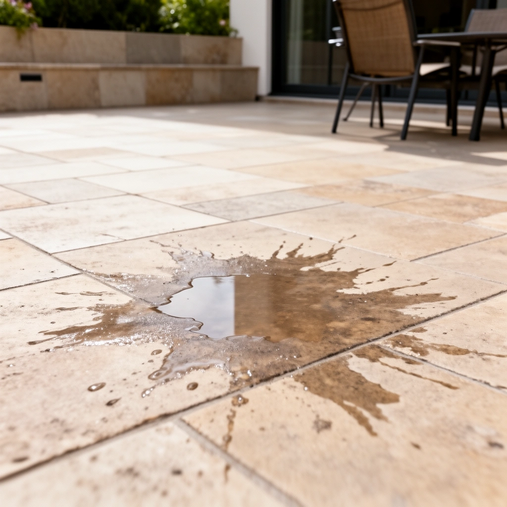 Image showing common causes of slippery patio floors, including moisture and algae buildup.