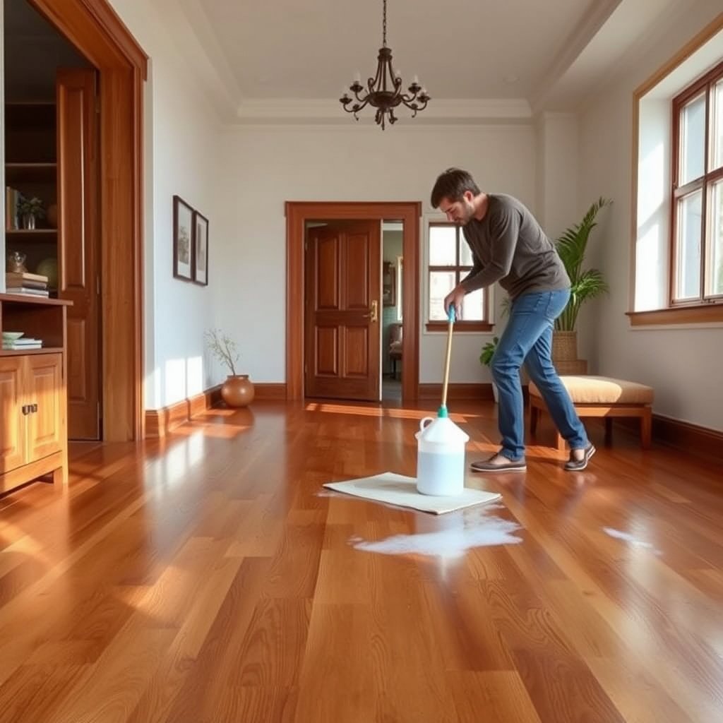Close-up of hardwood floor showing soap residue before cleaning process begins.