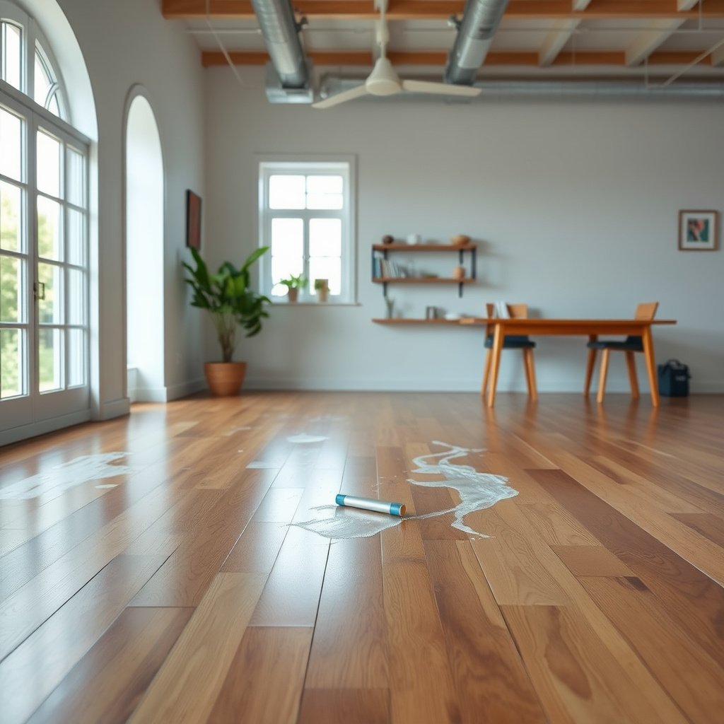 Close-up of soap scum on hardwood floor finish, showing testing method for safe cleaning.
