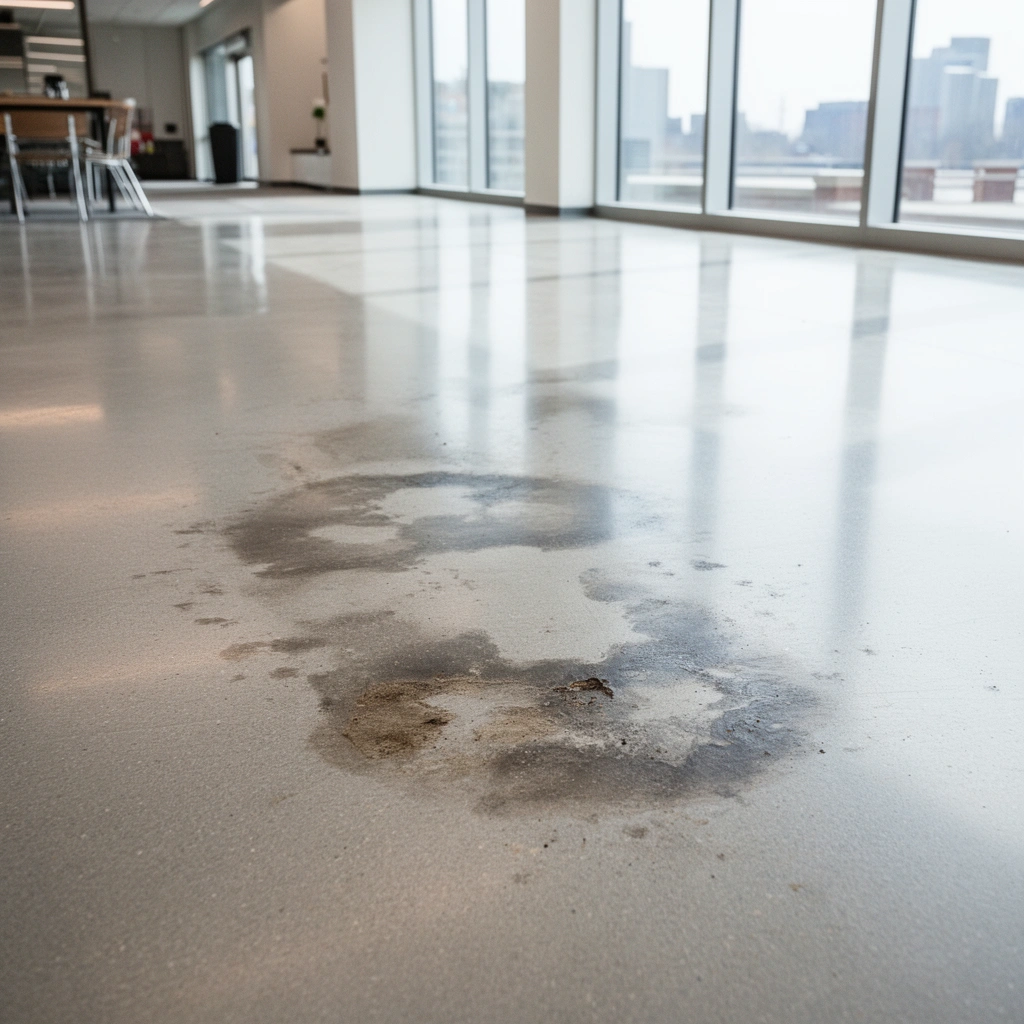 Image showing a person identifying the source of a stain on a commercial floor surface.