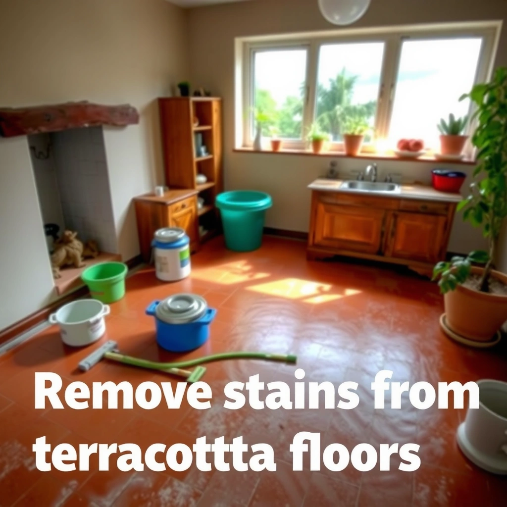 A close-up of different stains on terracotta floors to help identify stain types for effective cleaning.