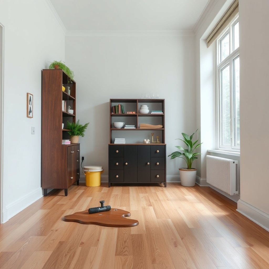 A close-up of different stain types on engineered wood floors in a dining room.