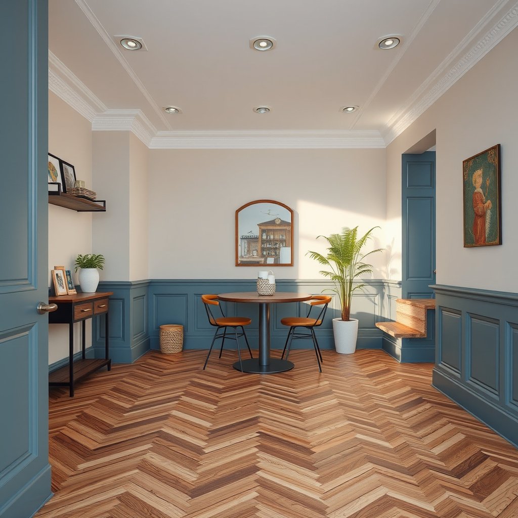 A close-up of a chevron floor with various stains, highlighting how to identify stains based on floor material.