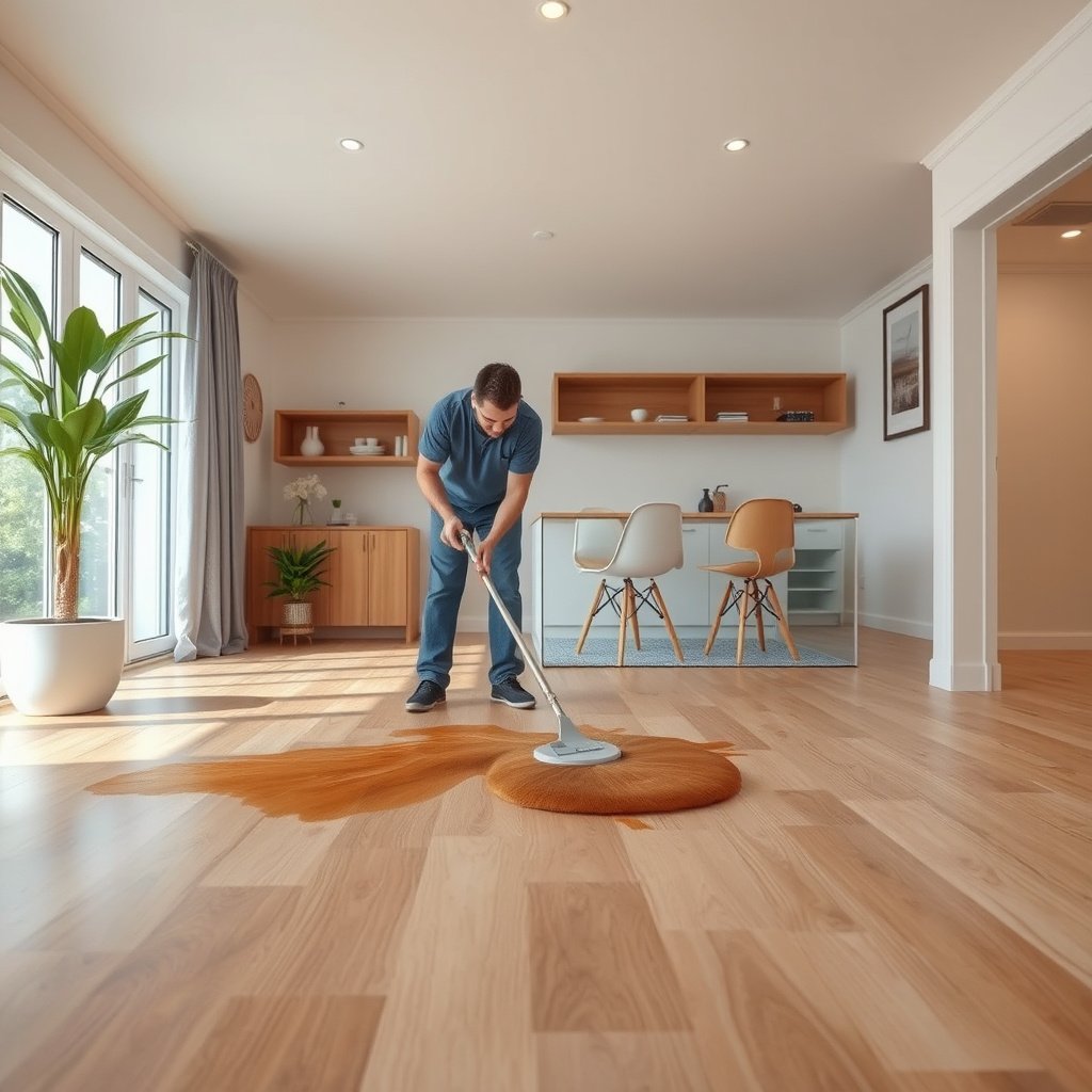 A close-up of a laminate floor stain being identified and protected during cleaning.