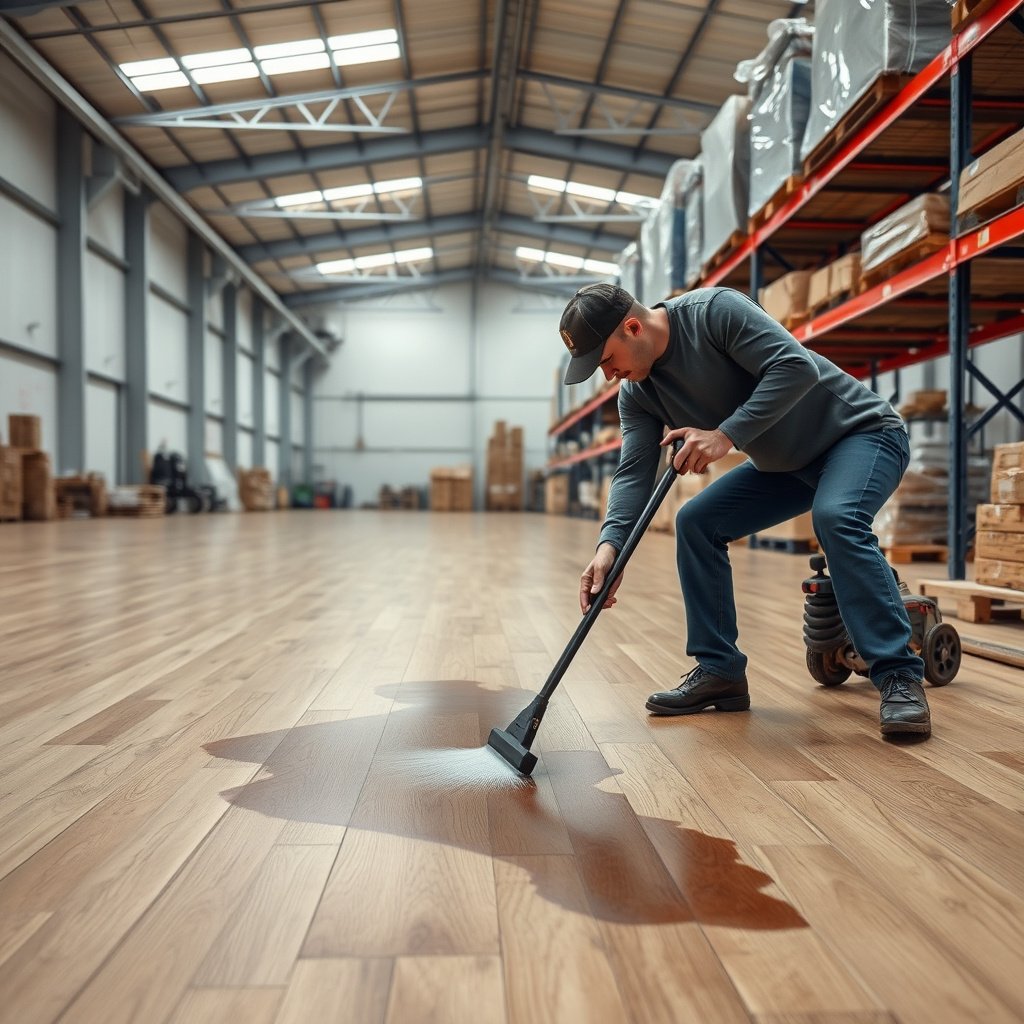 A close-up of a laminate floor with various stains to identify for cleaning in a warehouse setting.