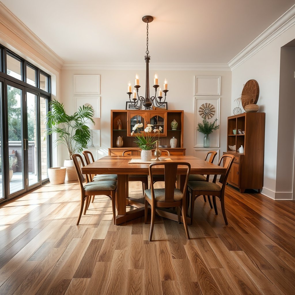 A close-up of different stains on laminate flooring in a dining room to help identify the type of stain.