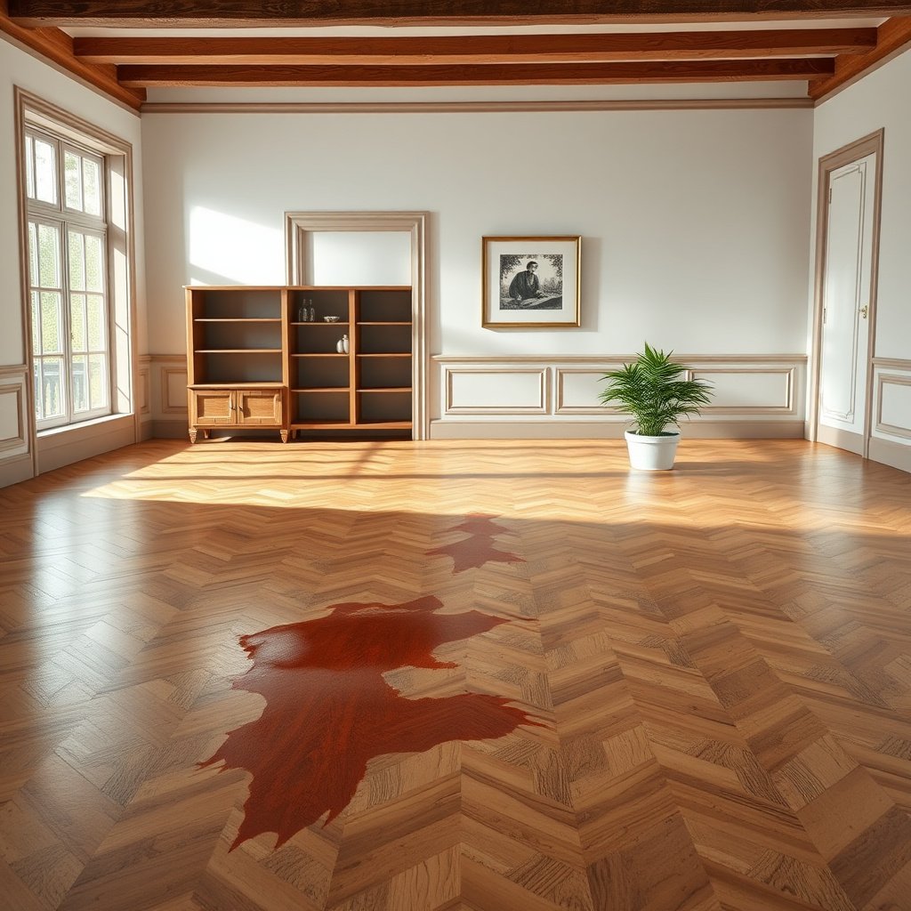 A close-up of a parquet floor showing different stains and finishes for cleaning identification.