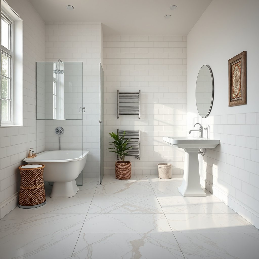 A close-up of a vinyl floor showing different types of stains and finishes in a bathroom setting.