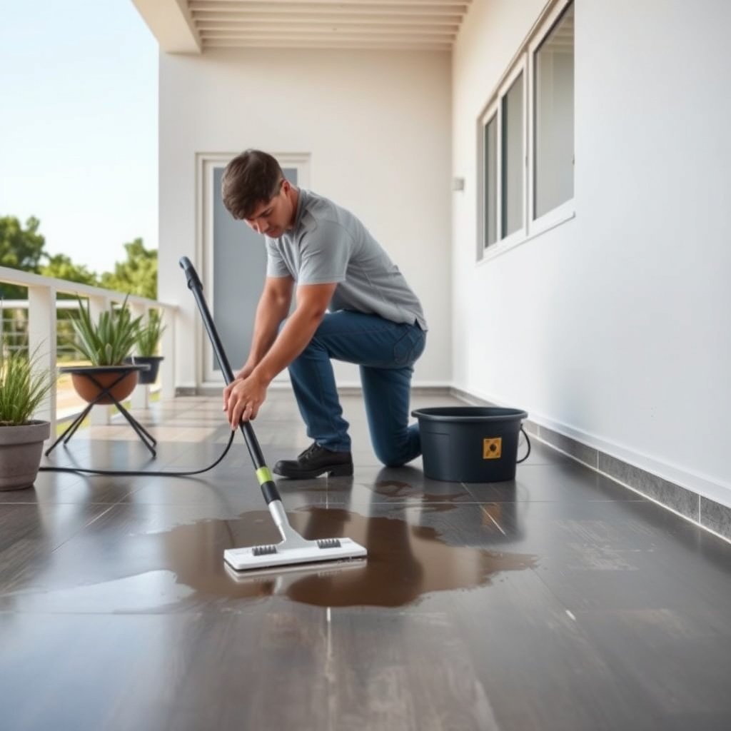 A close-up of a stained vinyl floor with various cleaning products for outdoor use.