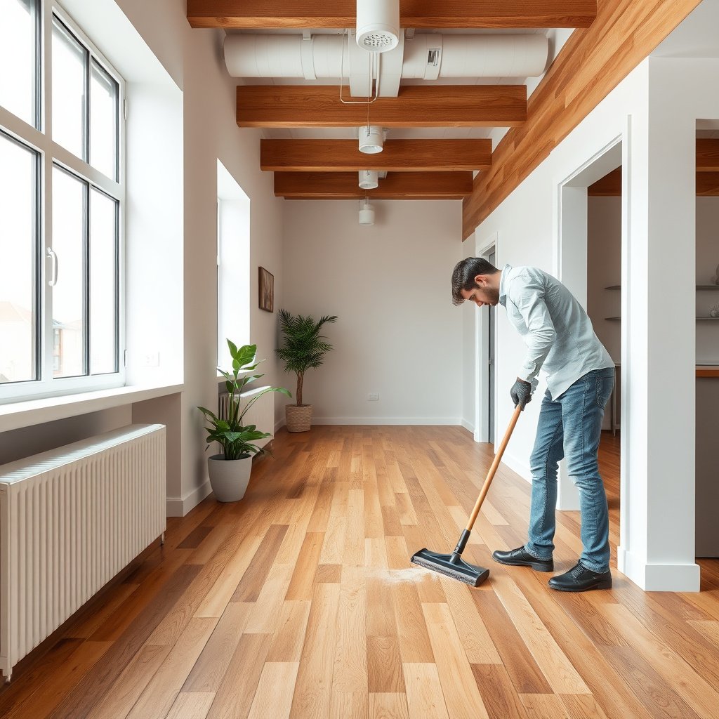 A person inspecting a stain on engineered wood floors in a hallway, preparing to clean it.