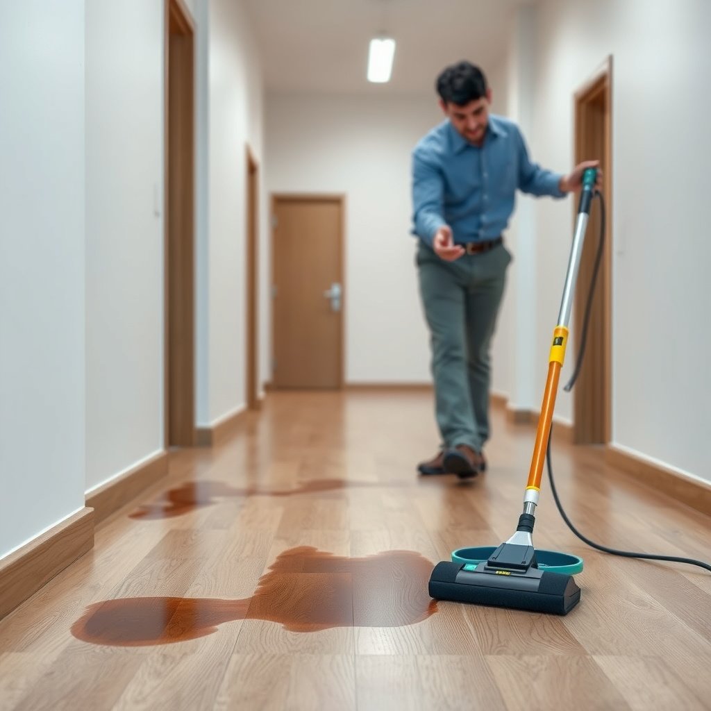 A person examining a stain on engineered wood floors to choose the right cleaner.